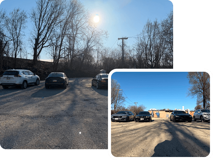 Customer cars parked on the gravel at Lot B